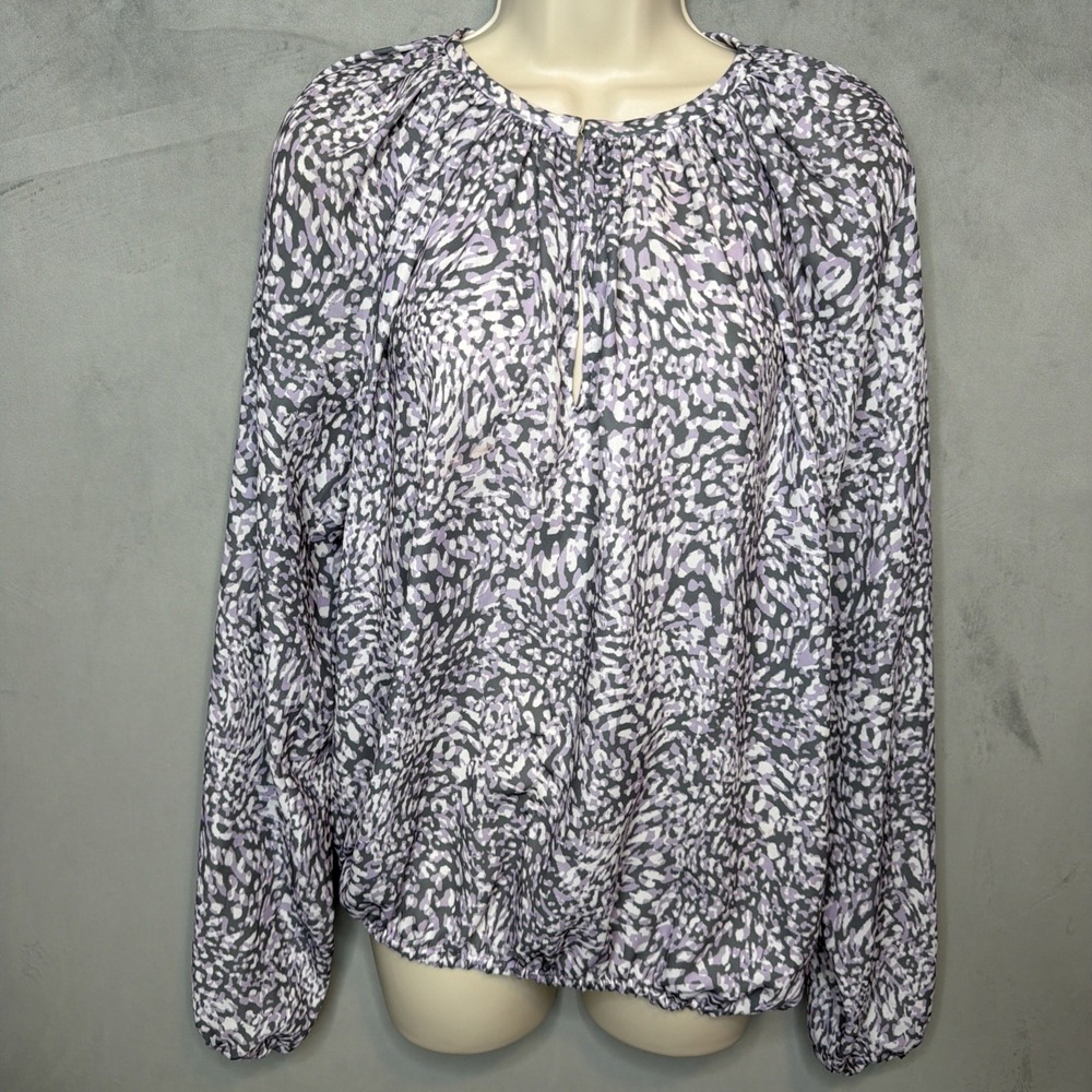 Ramy Brook Womens Abstract Print Blouse Gray Purple Long Sleeve Keyhole Top